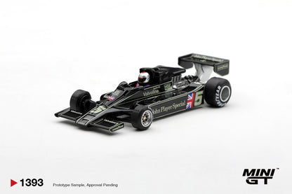 MINI GT 1:64 Lotus 79 #5 Mario Andretti John Player Special 1978 Formula 1 race car diecast model MGT01393 in black and gold livery with Goodyear tires