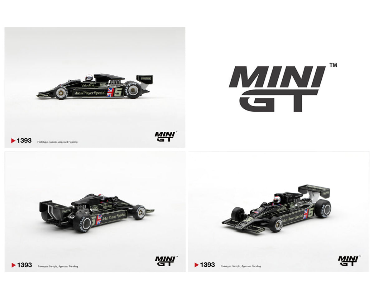 MINI GT 1:64 Lotus 79 #5 John Player Special black Formula 1 race car diecast model MGT01393 with JPS, Valvoline and Goodyear livery, multiple views