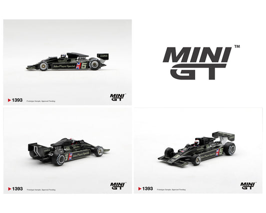MINI GT 1:64 Lotus 79 #5 John Player Special black Formula 1 race car diecast model MGT01393 with JPS, Valvoline and Goodyear livery, multiple views