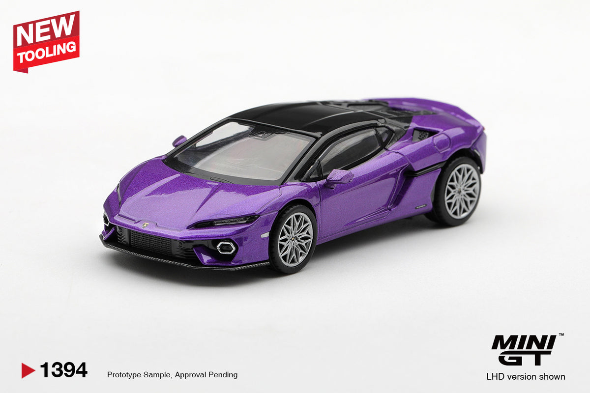 MINI GT 1:64 Lamborghini Temerario Viola Pasifae purple diecast model MGT01394 with black roof, silver wheels and new tooling, front three-quarter view