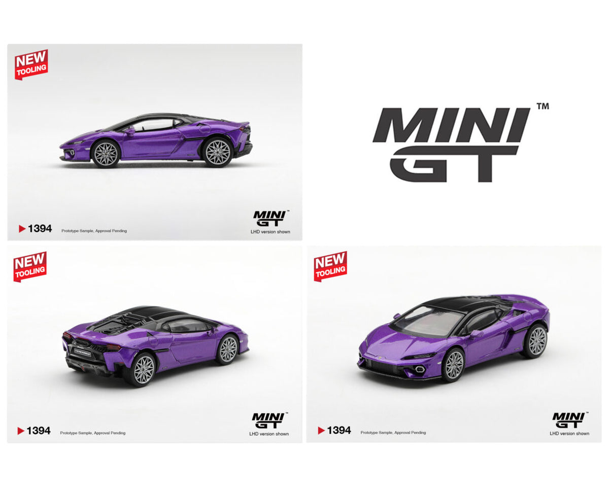 MINI GT 1:64 Lamborghini Temerario Viola Pasifae purple diecast model MGT01394 with black roof, silver wheels and new tooling, multiple views