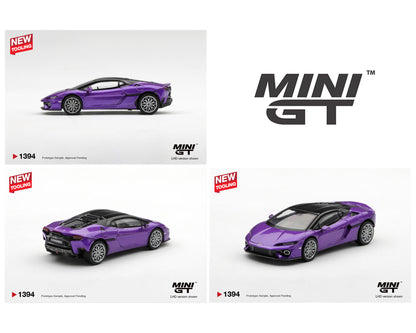 MINI GT 1:64 Lamborghini Temerario Viola Pasifae purple diecast model MGT01394 with black roof, silver wheels and new tooling, multiple views