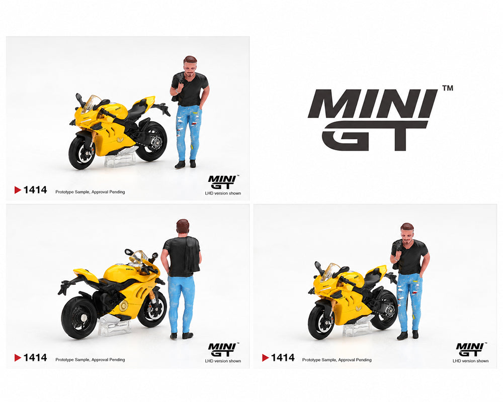 MINI GT 1:64 Ducati Panigale Yellow Sport Motorcycle with Rider Figure MGT01414-L Diecast Model Bike, Front and Rear Views with Detailed Racing Motorcycle and Standing Male Figure