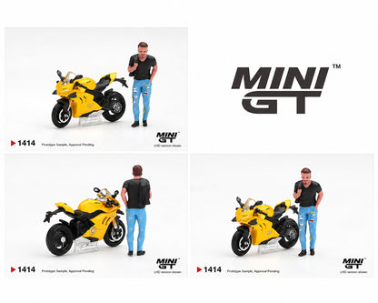 MINI GT 1:64 Ducati Panigale Yellow Sport Motorcycle with Rider Figure MGT01414-L Diecast Model Bike, Front and Rear Views with Detailed Racing Motorcycle and Standing Male Figure