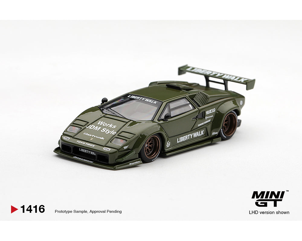 MINI GT 1:64 Lamborghini Countach LB-Silhouette Works Liberty Walk MGT01416-BL Military Green Diecast Model Car Front Three Quarter View with Widebody Kit, Bronze Wheels, Pop-Up Headlights and Large Rear Wing