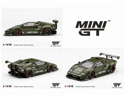 MINI GT 1:64 Lamborghini Countach LB-Silhouette Works Liberty Walk MGT01416-BL Military Green Diecast Model Car with Widebody Kit, Bronze Wheels and Large Rear Wing, Side, Front and Rear Views