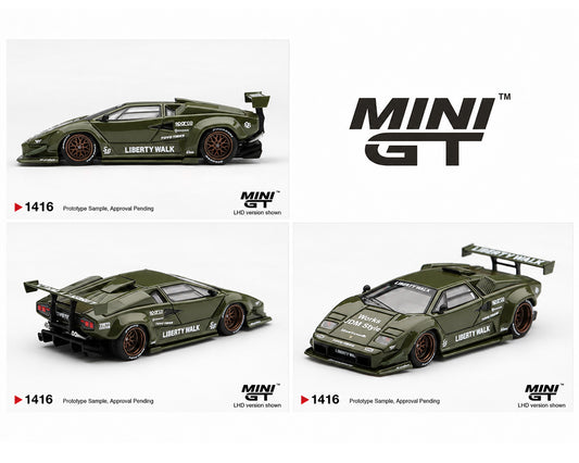 MINI GT 1:64 Lamborghini Countach LB-Silhouette Works Liberty Walk MGT01416-BL Military Green Diecast Model Car with Widebody Kit, Bronze Wheels and Large Rear Wing, Side, Front and Rear Views