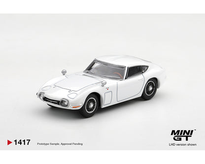 MINI GT 1:64 Toyota 2000GT White MGT01417-BL Diecast Model Car Front Three Quarter View Featuring Classic Japanese Sports Car Design, Chrome Details and Black Wheels