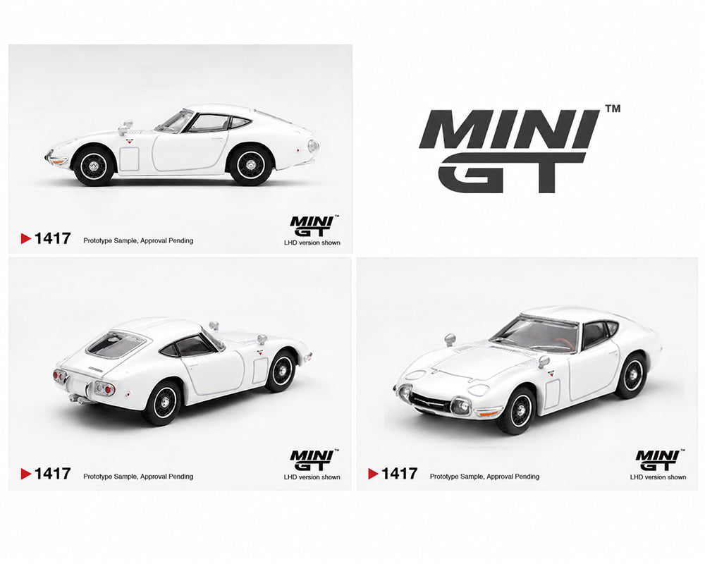 MINI GT 1:64 Toyota 2000GT White MGT01417-BL Diecast Model Car featuring Classic Japanese Sports Coupe in Side, Front Three Quarter and Rear Three Quarter Views