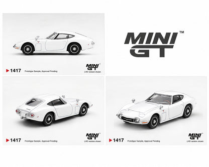 MINI GT 1:64 Toyota 2000GT White MGT01417-BL Diecast Model Car featuring Classic Japanese Sports Coupe in Side, Front Three Quarter and Rear Three Quarter Views