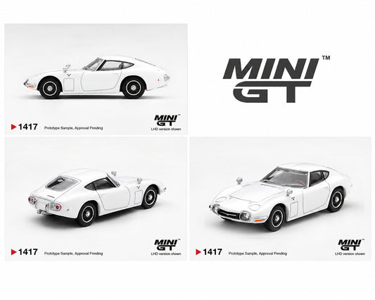MINI GT 1:64 Toyota 2000GT White MGT01417-BL Diecast Model Car featuring Classic Japanese Sports Coupe in Side, Front Three Quarter and Rear Three Quarter Views