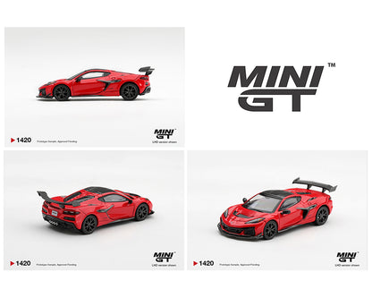 MINI GT 1:64 Chevrolet Corvette ZR1 red diecast model car featuring black carbon fiber aerodynamic accents, black wheels, aggressive front splitter, and large rear wing, MGT01420-BL.