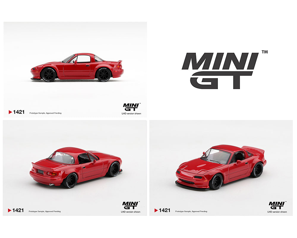 MINI GT 1:64 Mazda MX-5 Miata NA Red diecast model car MGT01421-BL, featuring a modified widebody design, black racing wheels, lowered stance, front splitter, and rear spoiler, shown from multiple angles.