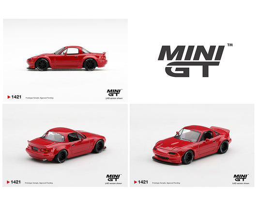 MINI GT 1:64 Mazda MX-5 Miata NA Red diecast model car MGT01421-BL, featuring a modified widebody design, black racing wheels, lowered stance, front splitter, and rear spoiler, shown from multiple angles.
