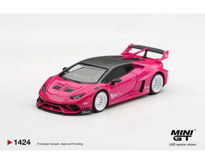 MINI GT 1:64 LB-WORKS Lamborghini Huracán GT Pink diecast model MGT01424-BL, front three-quarter view featuring Liberty Walk widebody kit, black carbon fiber roof, white racing wheels, aggressive front splitter, hood vents, and large rear wing.