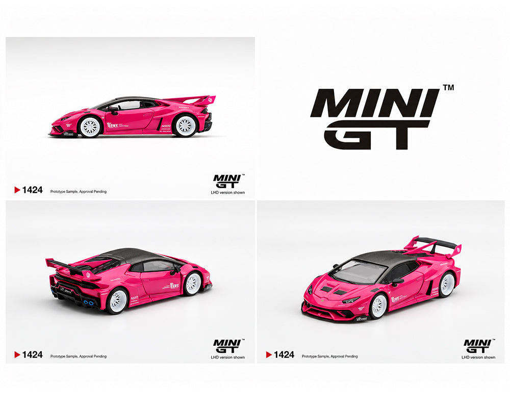MINI GT 1:64 LB-WORKS Lamborghini Huracán GT Pink diecast model car MGT01424-BL, featuring Liberty Walk widebody kit, bright pink paint, black carbon fiber roof, white racing wheels, aggressive front splitter, and large rear wing, shown from multiple angles.