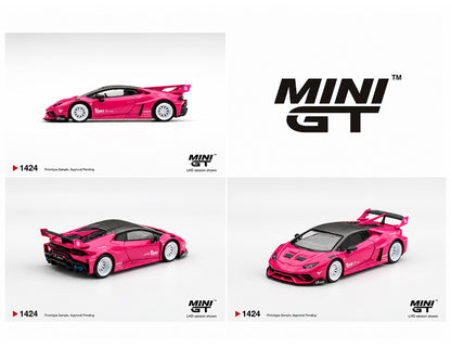 MINI GT 1:64 LB-WORKS Lamborghini Huracán GT Pink diecast model car MGT01424-BL, featuring Liberty Walk widebody kit, bright pink paint, black carbon fiber roof, white racing wheels, aggressive front splitter, and large rear wing, shown from multiple angles.