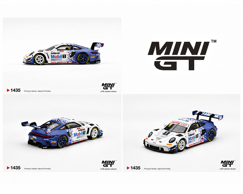 MINI GT 1:64 Porsche 911 GT3 R #9 Mobil 1 Japan Cup race car diecast model MGT01435-BL, featuring white and blue racing livery, Mobil 1 sponsorship decals, blue racing wheels, and large rear wing, shown from multiple angles.