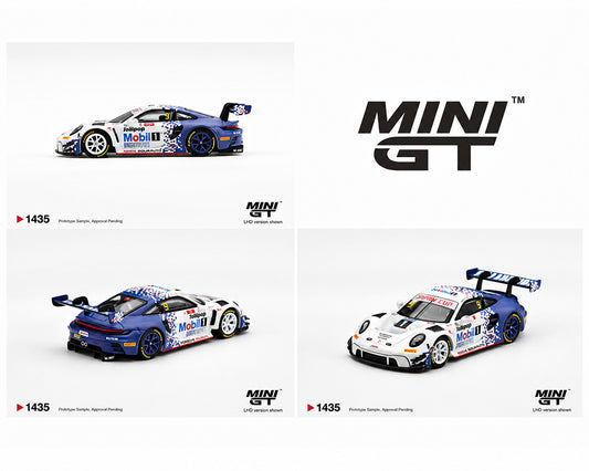 MINI GT 1:64 Porsche 911 GT3 R #9 Mobil 1 Japan Cup race car diecast model MGT01435-BL, featuring white and blue racing livery, Mobil 1 sponsorship decals, blue racing wheels, and large rear wing, shown from multiple angles.
