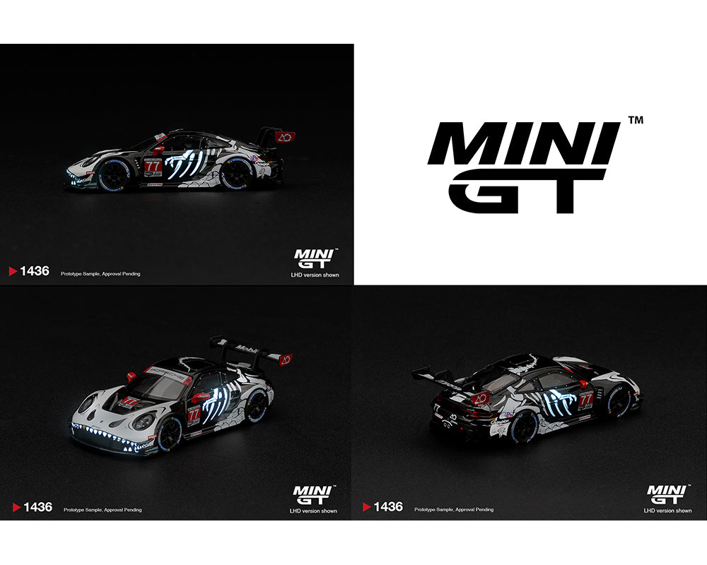Mini GT 1:64 Porsche 911 GT3 R (992) #77 AO Racing Skeleton Rexy 2026 IMSA Petit Le Mans MGT01436-BL diecast model, multiple angles showing black and white racing livery, glowing blue skeleton graphics, front and rear details.