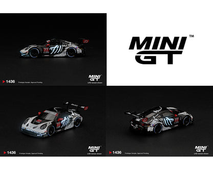 Mini GT 1:64 Porsche 911 GT3 R (992) #77 AO Racing Skeleton Rexy 2026 IMSA Petit Le Mans MGT01436-BL diecast model, multiple angles showing black and white racing livery, glowing blue skeleton graphics, front and rear details.