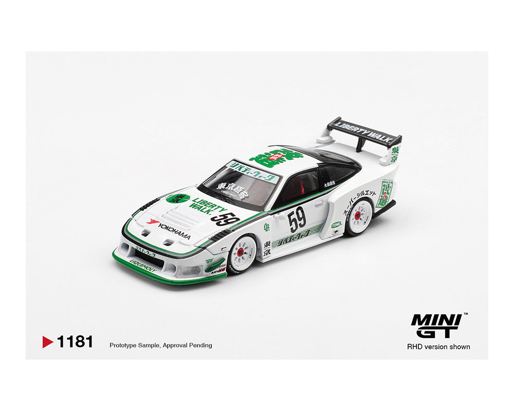 Model car with green and white design on a light gray background, featuring the Mini GT logo.