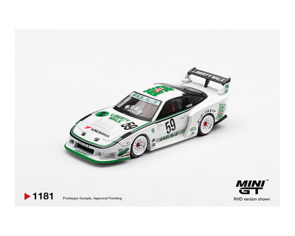 Model car with green and white design on a light gray background, featuring the Mini GT logo.