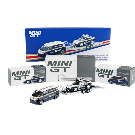MINI GT diecast model set featuring a blue and white van towing a black, white, and red speedboat on a trailer, shown with its blue and white retail box and smaller individual boxes on a white background.