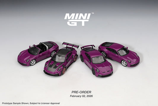 Purple model cars from Mini GT on a gray background with 'Mini GT' branding.