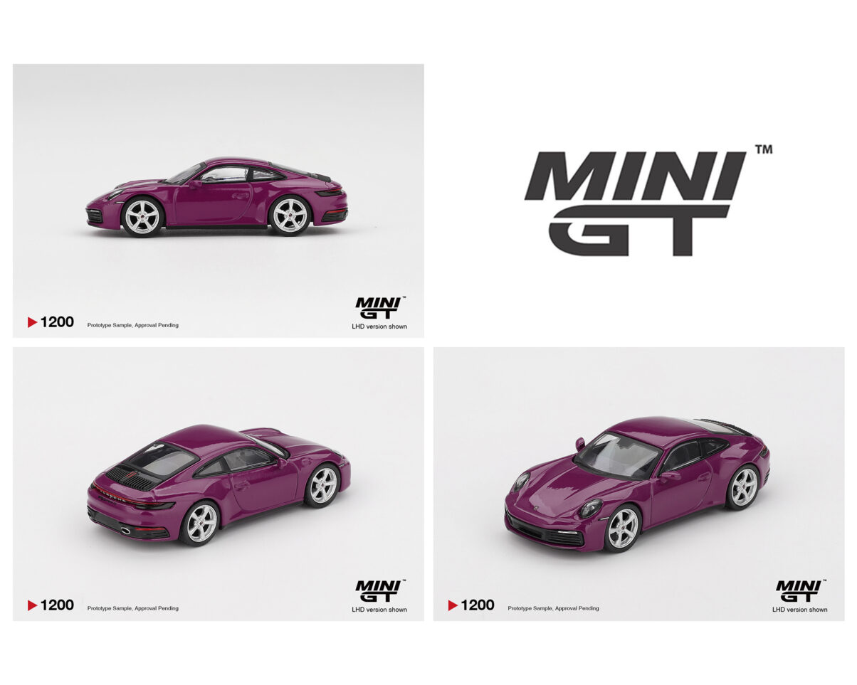 Purple model car with 'MINI GT' branding on a white background