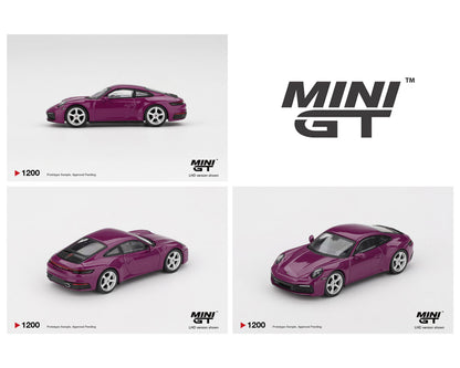 Purple model car with 'MINI GT' branding on a white background