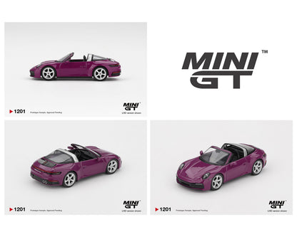 Three purple model cars with 'MINI GT' branding on a white background