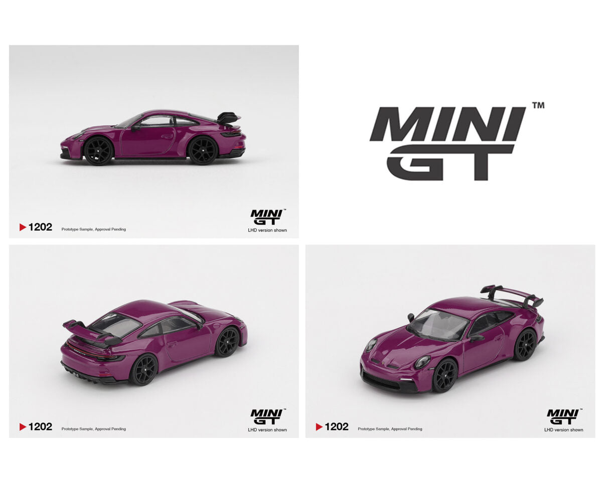 Purple model car with 'MINI GT' branding on a white background