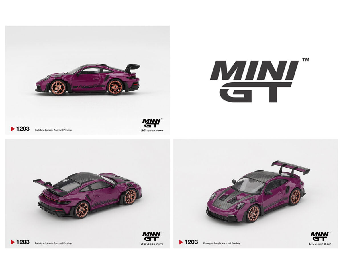 Purple model car with 'MINI GT' branding on a white background