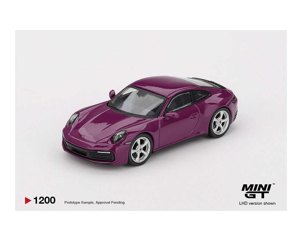 Purple model car on a white background with 'MINI GT' branding.
