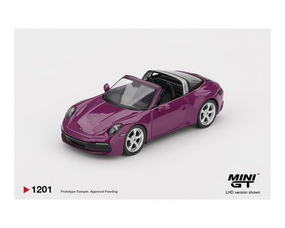 Purple model car on a white background with 'MINI GT' branding.
