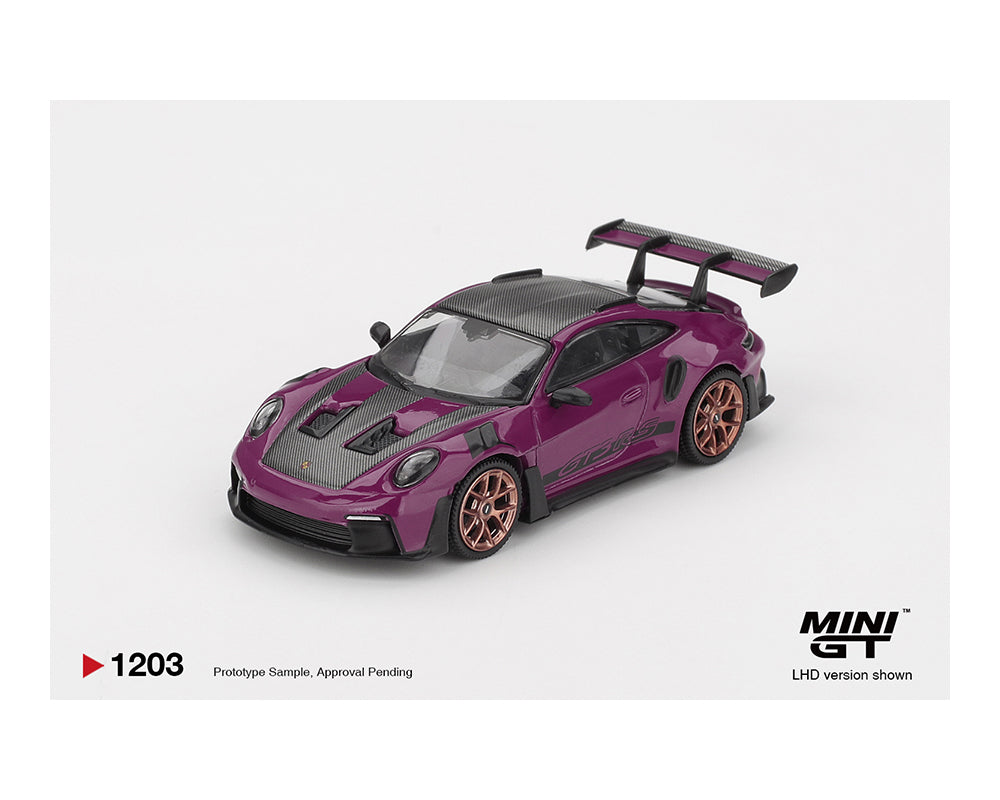 Purple and black sports car model with 'MINI GT' branding on a white background