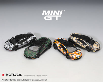 Four camouflage-patterned model cars on a gray background with 'MINI GT' branding.