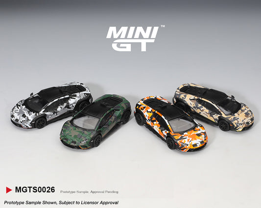 Four camouflage-patterned model cars on a gray background with 'MINI GT' branding.