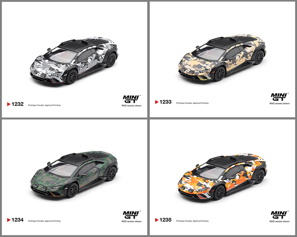 Four camouflage-patterned model cars displayed on a white background with 'MINI GT' branding.