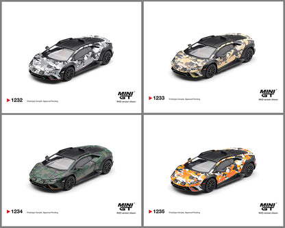 Four camouflage-patterned model cars displayed on a white background with 'MINI GT' branding.