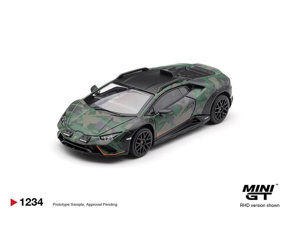 Camouflage model car on a white background with MINI GT branding.