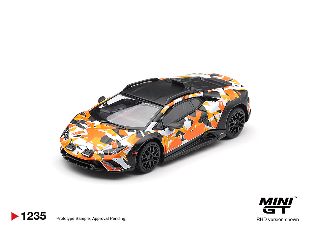 Model car with orange and black camouflage pattern on a white background, featuring the Mini GT brand.