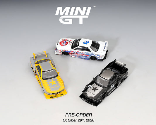 MINI GT MGTS0027 1:64 Liberty Walk INOZETEK 3-Car Set featuring Nissan Skyline models in grey and yellow, black and silver, and white Liqui Moly racing liveries, shown from above with LBWK widebody kits, custom wheels, large rear wings and detailed racing decals.