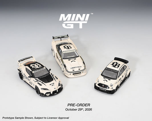 MINI GT MGTS0028 1:64 INOZETEK x TBC 2026 Show Edition Liberty Walk 3-Car Set featuring Toyota GR Supra, Nissan Silvia S15 and Abarth 595 in white and black custom racing liveries with widebody kits, aerodynamic spoilers and LBWK branding.