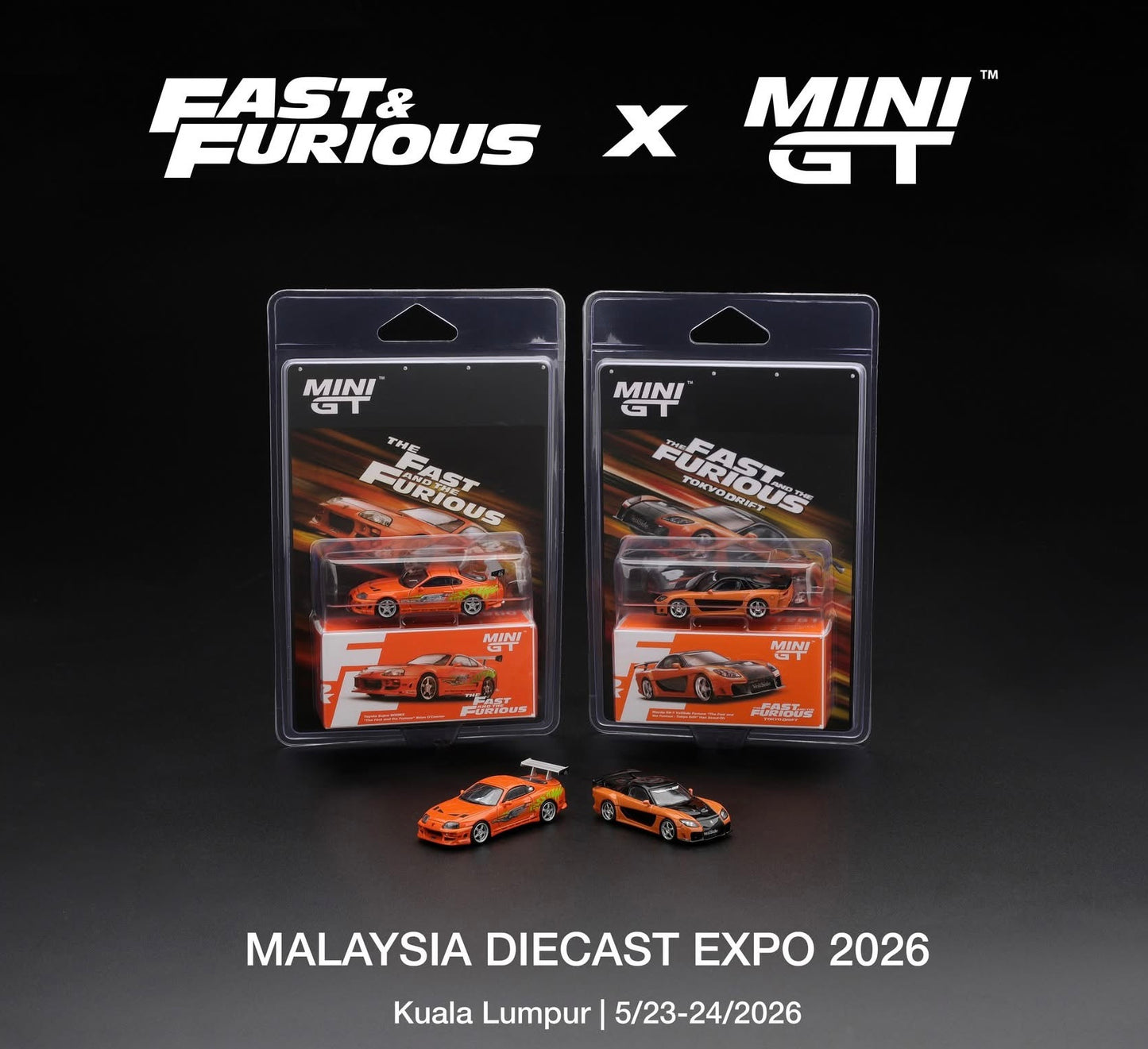 Two packaged Mini GT diecast model cars displayed on a black background, with the Fast & Furious and Mini GT logos at the top and Malaysia Diecast Expo 2026 text at the bottom. The cars are orange and black, and the packages feature Fast & Furious branding.