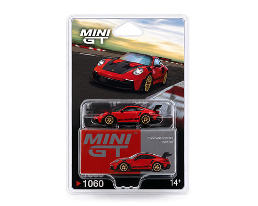 MINI GT Porsche 911 GT3 RS Scale Model car in red and black livery, packaged in its original blister card with a clear plastic cover.