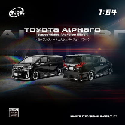 Model toyota alphard toy car on a dark background with branding and product details.