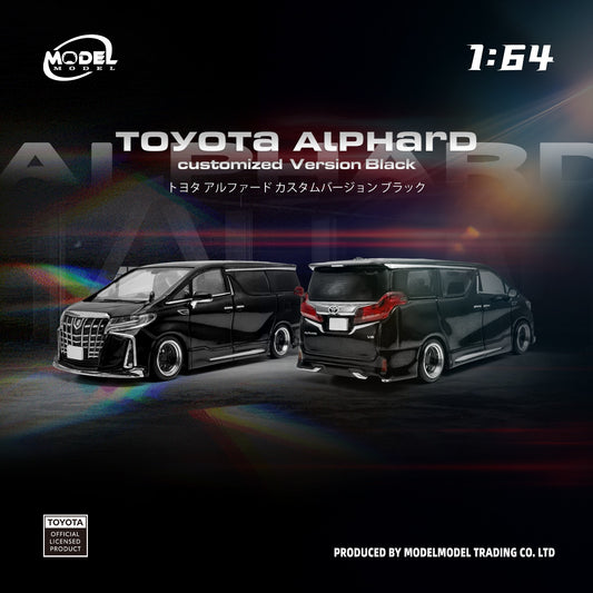 Model toyota alphard toy car on a dark background with branding and product details.