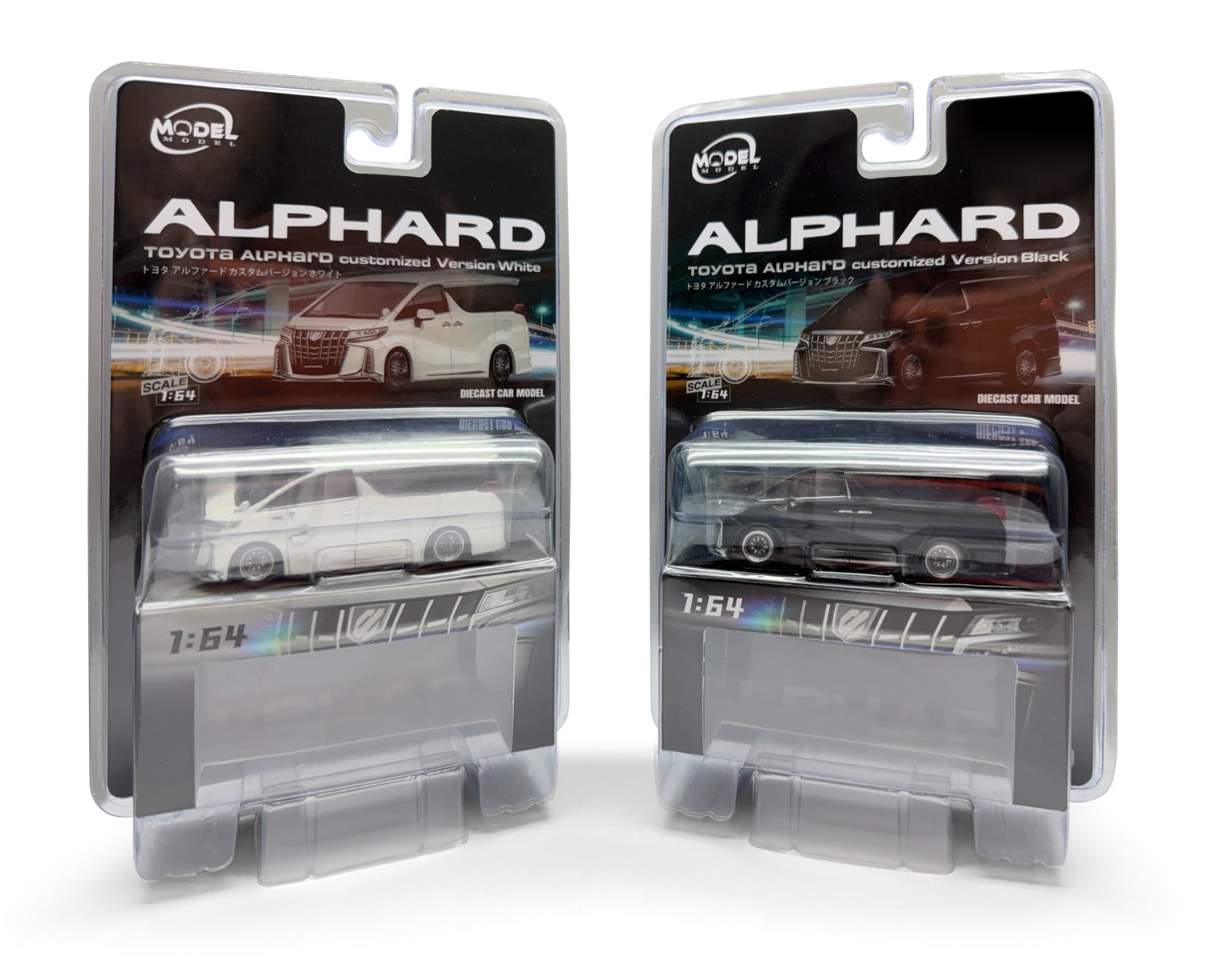 Two model car packages of Toyota Alphard in clear blister packaging on a white background